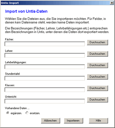 Ansicht des Dialogs 'Import von Untis-Daten'.