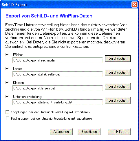 Der Dialog 'SchiLD-Export' f&uuml;r den Export von SchiLD und WinPlan-Daten