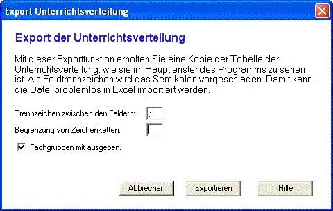 Der Dialog 'Export Unterrichtsverteilung'