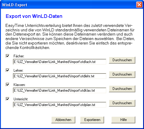 Der Dialog 'WinLD-Export', die Schnittstelle zur Bayrischen Lehrer-Datenbank