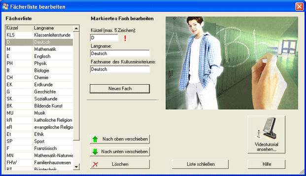 Der Dialog 'F&auml;cherliste bearbeiten' f&uuml;r Nordrhein-Westfalen