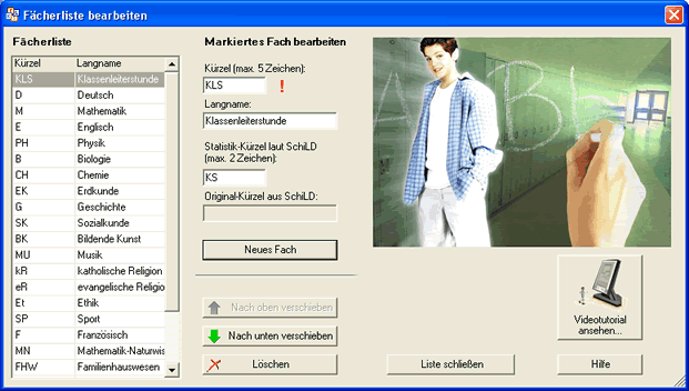 Der Dialog 'F&auml;cherliste bearbeiten' f&uuml;r Nordrhein-Westfalen