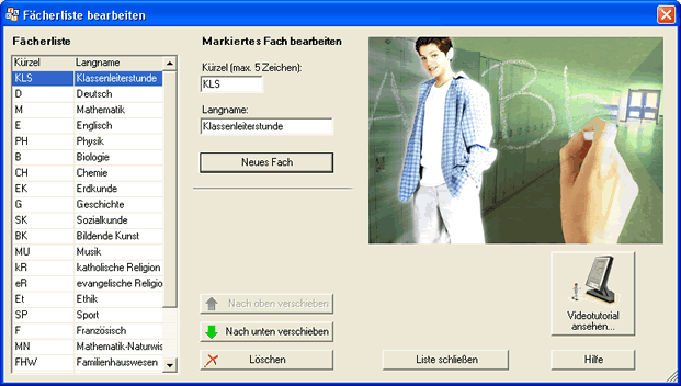 Ansicht des Dialogs 'F&auml;cherliste bearbeiten'