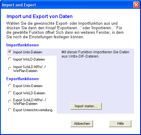 Der Dialog 'Import und Export von Daten'