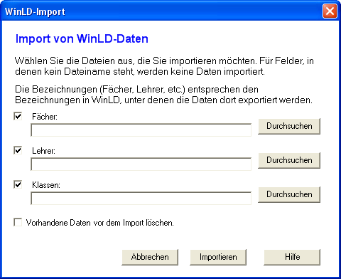 Der Dialog 'WinLD-Import' f&uuml;r Daten aus der bayrischen Lehrer-Datenbank