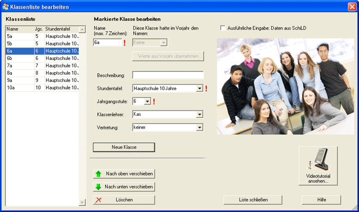 Der Dialog 'Klassenliste bearbeiten'