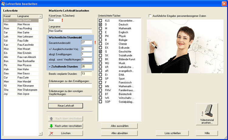 Ansicht des Dialogs 'Lehrerliste bearbeiten'