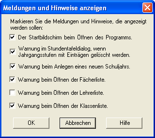 Ansicht des Dialogs 'Meldungen und Hinweise anzeigen'