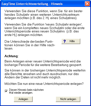 Ansicht des Dialogs 'Hinweis'