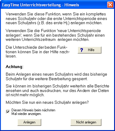 Ansicht des Dialogs 'Hinweis'