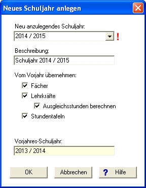 Ansicht des Dialogs 'Neues  Schuljahr anlegen'