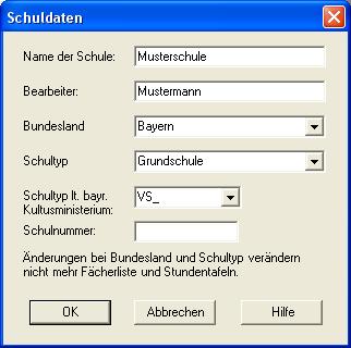 Ansicht des Dialogs 'Schuldaten' f�r bayrische Schulen