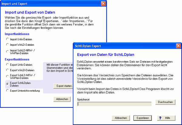 Die Fenster f&uuml;r den Datenexport von SchILDplan-Daten