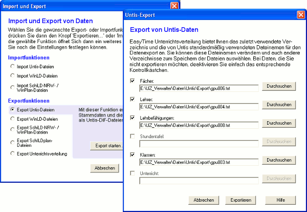 Die Dialoge 'Import und Export' und 'Untis-Export'