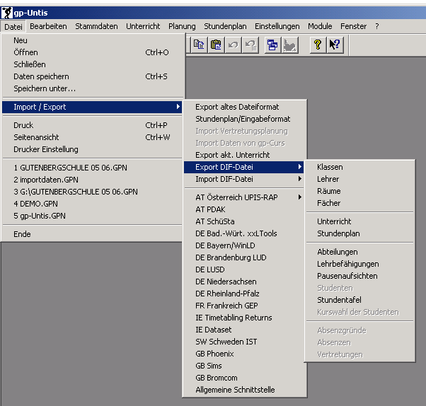 Das Export-Men&uuml; von gp-Untis