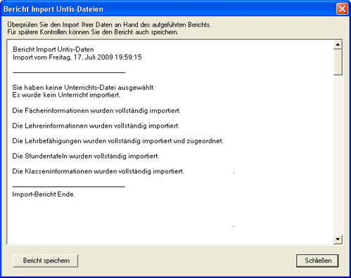 Das Fenster mit dem Bericht &uuml;ber den Import von Untis-Daten
