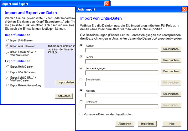 Die Dialoge 'Import-Export' und 'Untis-Import'