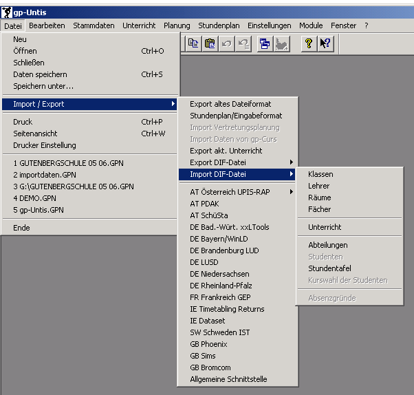 Das Import-Men&uuml; in gp-Untis