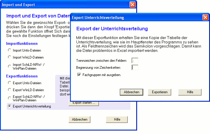 Die Dialoge 'Import und Export' und 'Export Unterrichtsverteilung'