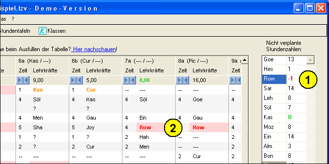 Hervorheben einer Lehrkraft durch Anklicken in der Lehrerliste.