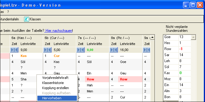 Hervorheben einer Lehrkraft &uuml;ber das Kontextmen&uuml; der Unterrichtsverteilung.